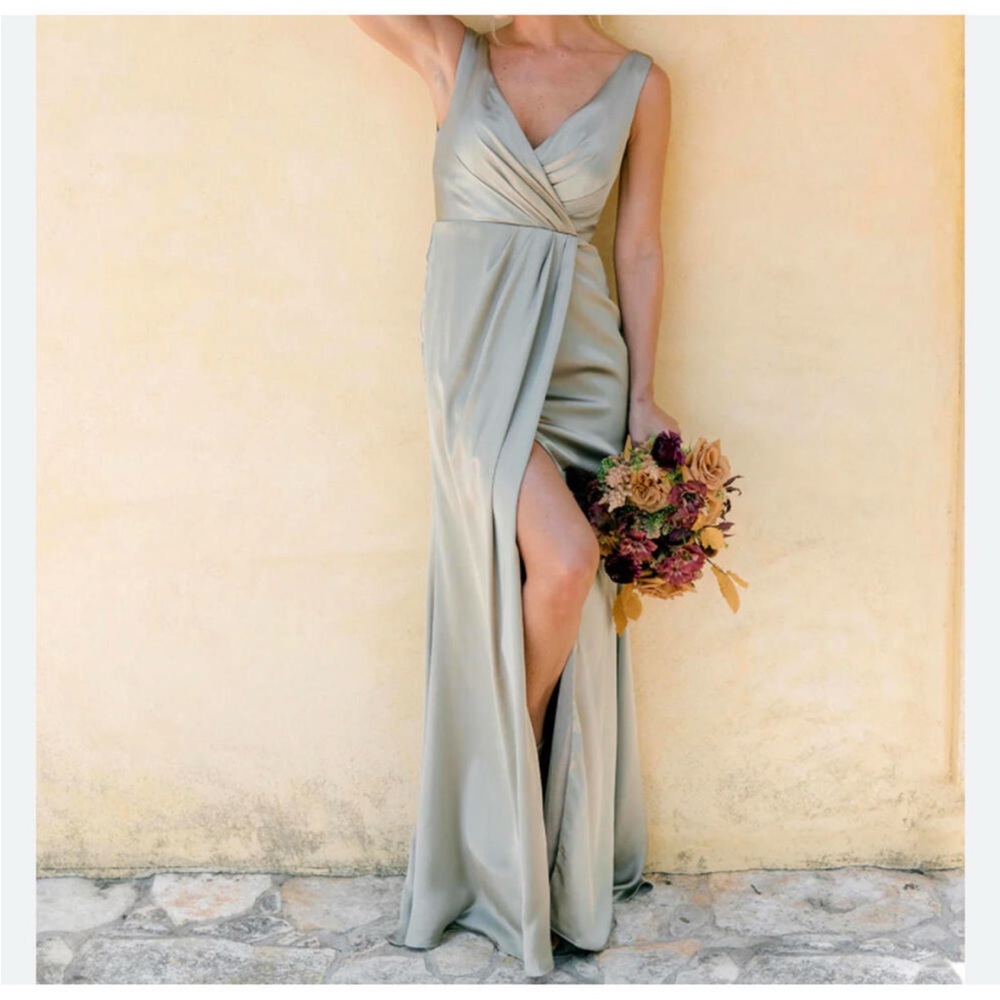 REVELRY silver sage green satin Blair Bridesmaids dress sz 8